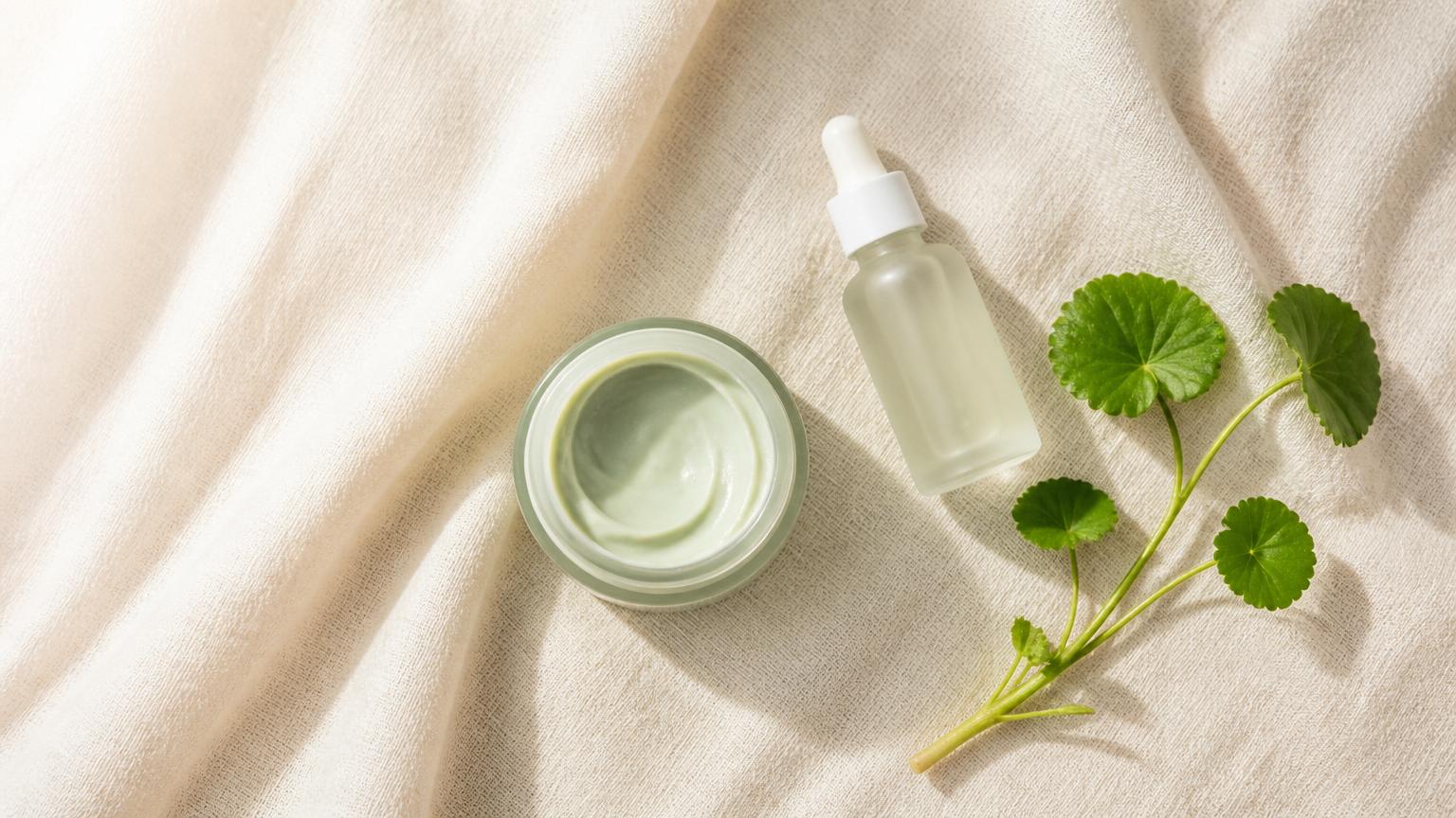 Open jar of pale green ceramide cream, a small dropper bottle and a fresh sprig of centella asiatica on cream linen