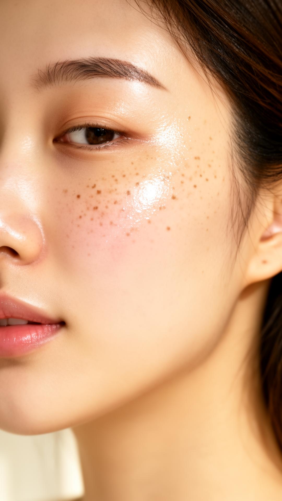 Close-up of dewy, healthy K-Beauty skin with soft freckles
