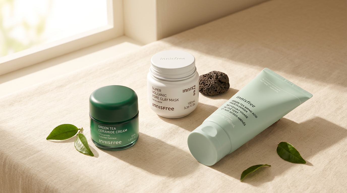 Innisfree Super Volcanic Pore Clay Mask, Green Tea Ceramide Cream and Green Tea Amino Acid Cleanser arranged on linen