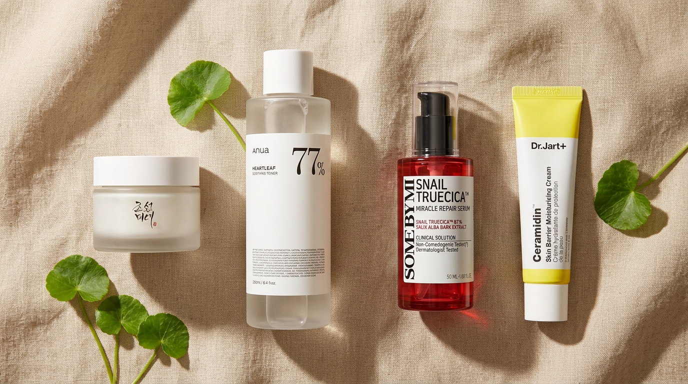 Real K-Beauty products on linen: Beauty of Joseon, Anua Heartleaf toner, Some By Mi Snail Truecica serum and Dr.Jart+ Ceramidin